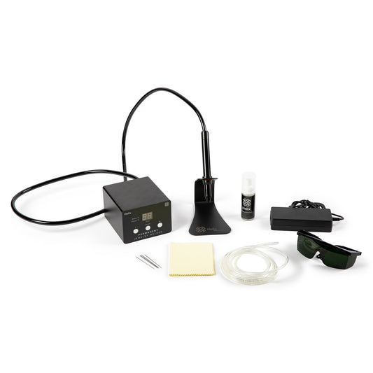 Image of Pepe Tools Helix Permanent Jewellery Welder Full Starter Kit Including: 
Helix Micro-Welder
Stylus Stand 
Red Scratch Brush
Protective Glasses
Electrodes
Argon Tubing,  Grounding Clips
Jewellery Cleaner Polishing Pads
